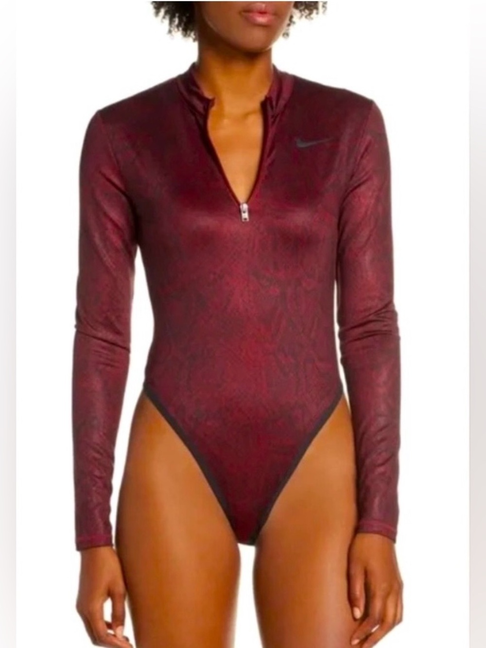 NIKE Python Bodysuit Size Small Team Red Maroon Black Long Sleeve Zip Snakeskin